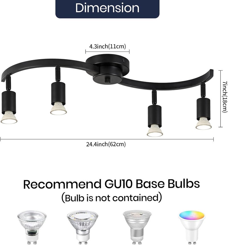 SEEBLEN 4 Light Track Lighting Fixtures,Kitchen Lighting Fixtures Ceiling with Rotatable Light Head,Black Ceiling Spotlight for Dining Room Living Room Bedroom. - Image 2